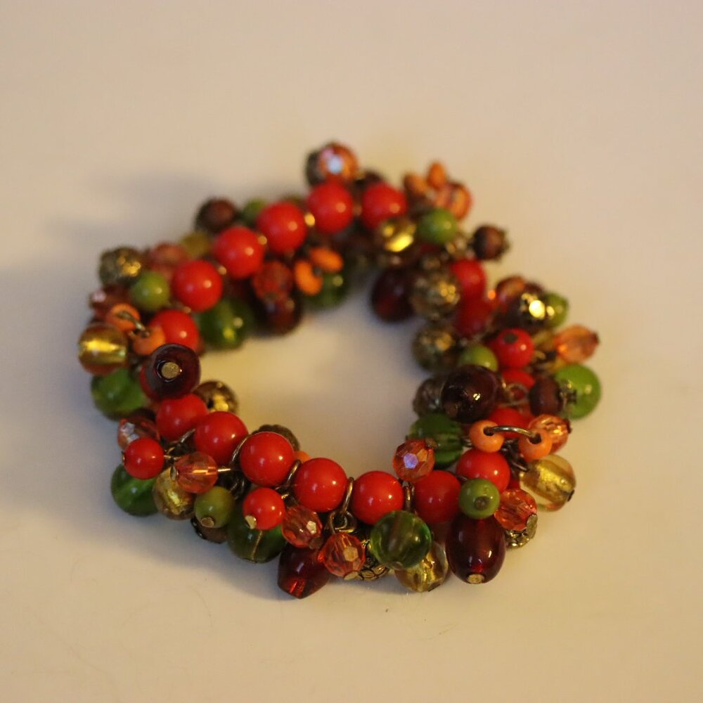 Vintage Stretch Bracelet With Poured Glass Beads Gold Red Green Orange Colors